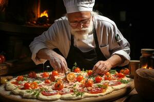 Pizza perfezione mondo classe forno al forno delizie decorazione con toppingsai generativo foto