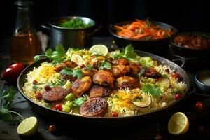 esplorando il sapori di autentico pakistano cucina. biryani, kofta, kebab, Lassi, samosa, jalebi. ai generativo foto