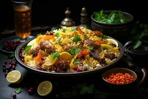 esplorando il sapori di autentico pakistano cucina. biryani, kofta, kebab, Lassi, samosa, jalebi. ai generativo foto