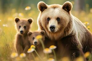 grizzly orso madre e cuccioli. HD qualità rasoio acuto immagini. ai generativo foto