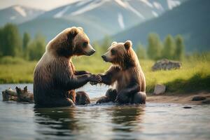 grizzly orso madre e cuccioli. HD qualità rasoio acuto immagini. ai generativo foto