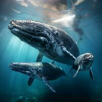 gobba balena scherzosamente nuoto nel chiaro blu oceano. ai generativo foto