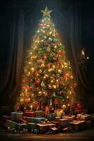 ai generato Immagine di Natale celebrazione albero nel moderno e classico design nel il strada e natura e interno foto