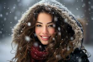 ai generato ritratto di bellissimo giovane donna in piedi sotto il neve a inverno tempo foto