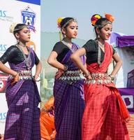nuovo delhi, India - luglio 01 2023 - bharathanatyam indiano classico odissi ballerini l'esecuzione a palcoscenico. bellissimo indiano ragazza ballerini nel il posizione di indiano danza. indiano classico danza bharatanatyam foto