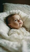 morbido serenità neonato rilassante su bianca lenzuolo. ai generato soddisfare foto