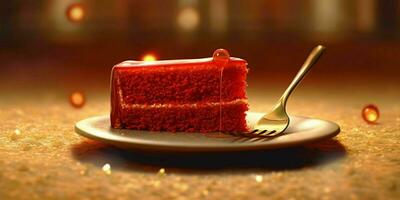 un' delizioso fetta di rosso torta su un' d'oro piatto. generativo ai foto