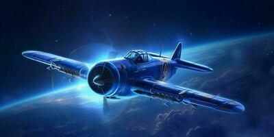 combattente Jet volante nel un' blu notte cielo con splendente stelle. generativo ai foto
