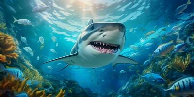 sorridente squalo illustrazione subacqueo nel cartone animato stile. pesce ritratto. generativo ai foto