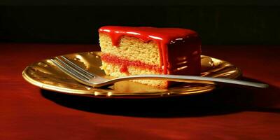 un' delizioso fetta di rosso torta su un' d'oro piatto. generativo ai foto