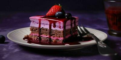 un' pezzo di cioccolato torta con fuso cioccolato e fragole su viola sfondo. generativo ai foto