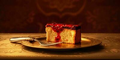 un' delizioso fetta di rosso torta su un' d'oro piatto. generativo ai foto