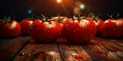fresco rosso pomodori con acqua goccioline su di legno tavolo. generativo ai foto