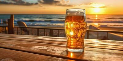 fresco birra su un' di legno tavolo con spiaggia Visualizza. generativo ai foto