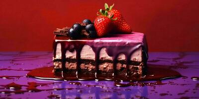 un' pezzo di cioccolato torta con fuso cioccolato e fragole su viola sfondo. generativo ai foto