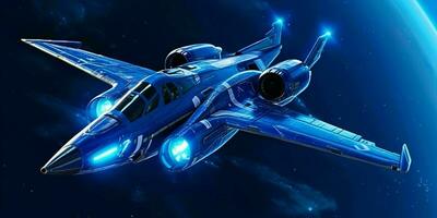 combattente Jet volante nel un' blu notte cielo con splendente stelle. generativo ai foto