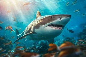 sorridente squalo illustrazione subacqueo nel cartone animato stile. pesce ritratto. generativo ai foto