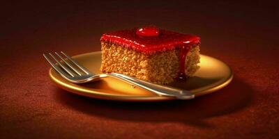 un' delizioso fetta di rosso torta su un' d'oro piatto. generativo ai foto