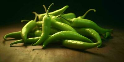 fresco verde peperoncino di Cayenna Pepe con acqua goccioline. generativo ai foto