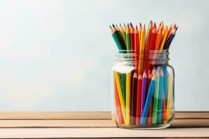 un' vaso pieno per il orlo con colorato e diverso scuola forniture minimalista. generativo ai foto