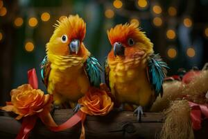 esotico uccelli ornato con festivo nastri accogliente il tropicale nuovo anno foto