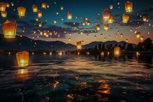 raggiante lanterne Soaring al di sopra di tranquillo laguna nel nuovo anni vigilia celebrazione foto