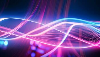 astratto futuristico sfondo con rosa blu neon Linee raggiante nel ultravioletto luce, e bokeh luci. generativo ai foto