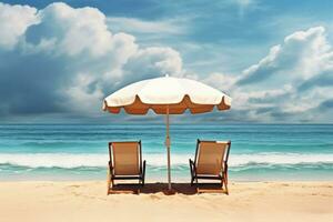 Due spiaggia sedie e ombrello su un' tropicale spiaggia. 3d rendering, sedie e ombrello nel tropicale spiaggia - paesaggio marino striscione, ai generato foto