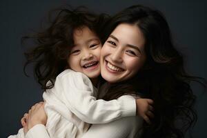 ritratto di contento asiatico madre e figlia abbracciare su buio sfondo, allegro asiatico bambino piccolo figlia abbracciare contento madre isolato su grigio, ai generato foto