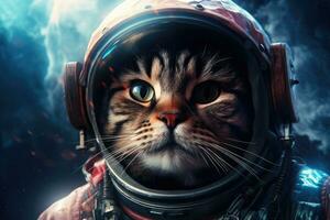 ritratto di un' gatto nel un astronauta casco. cosmonauta, gatto astronauta nel un' tuta spaziale su un' scienza finzione concetto, ai generato foto