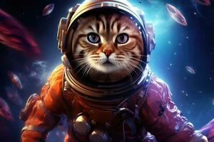 gatto astronauta nel tuta spaziale contro il sfondo di il esterno spazio, gatto astronauta nel un' tuta spaziale su un' scienza finzione concetto, ai generato foto