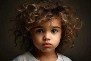 ritratto di un' poco ragazza con Riccio capelli su un' grigio sfondo, carino bambino con soffice capelli. bella ragazzo, ai generato foto