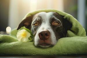 carino cane nel verde asciugamano con fiore su letto a casa, carino cane rilassato a partire dal terme procedure su il viso con cetriolo, coperto con un' asciugamano, ai generato foto