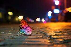 farfalla su il strada nel il sera. sfocato sfondo, colorato farfalla su il lato camminare di un' occupato strada, molte di le persone, notte, macro fotografia, ai generato foto