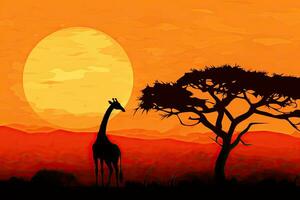 giraffa silhouette nel savana a tramonto vettore illustrazione grafico disegno, giraffa silhouette - africano natura sfondo - bellezza nel colore e libertà, ai generato foto