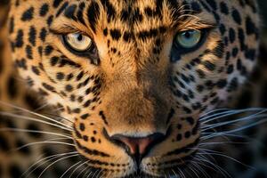 ritratto di un' bellissimo leopardo nel il selvaggio, avvicinamento, vicino su ritratto di un' leopardo testa, ai generato foto