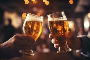 avvicinamento di Due maschio mani tintinnante bicchieri con birra nel pub, avvicinamento Visualizza di Due bicchieri di birra nel mano. birra bicchieri tintinnante nel barre o pub, ai generato foto