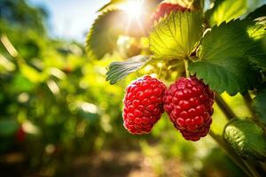 maturo lamponi nel il giardino su un' soleggiato giorno, avvicinamento di incrocio lampone e mora pianta con maturo loganberry in crescita nel biologico giardino, ai generato foto