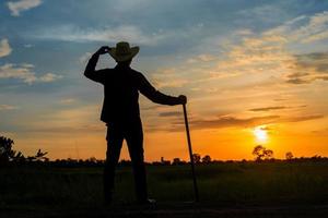 agricoltore maschio che tiene una zappa in un campo al tramonto foto