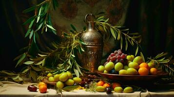 frutta e un' brocca su un' tavolo un' tradizionale ancora vita pittura ai generato foto