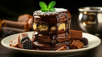 peccaminosamente delizioso cioccolato torta con ghiaccio crema e frutti di bosco ai generato foto