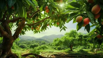 Mango stagione un' fruttuoso albero con vivace le foglie e un' montagna paesaggio ai generato foto