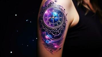 zodiaco simbolo e costellazione su un' womans spalla un' femminile e cosmico tatuaggio design ai generato foto