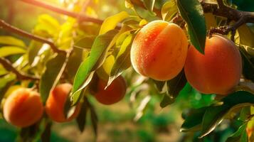 baciato dal sole Pesche su il ramo un' travolgente Prodotto tiro di delizioso e succoso frutta ai generato foto