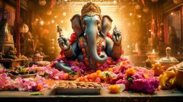 festivo Ganesha statua con tempio decorazioni ai generato foto