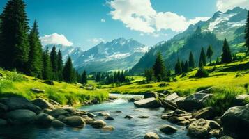 montagna foresta cartone animato sfondo un' panoramico alpino paesaggio ai generato foto