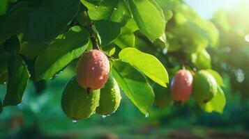 guaiava raccogliere un' fruttuoso frutteto con maturo e succoso guaiave ai generato foto