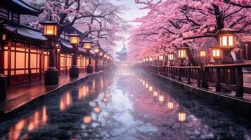 un' ciliegia fiorire strada nel Giappone un' panoramico e sereno Visualizza ai generato foto