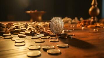 ricchezza e stabilità concetto con oro monete e equilibrio moneta ai generato foto