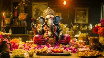 tradizionale indiano cultura e religione Ganesha idolo con decorazione ai generato foto